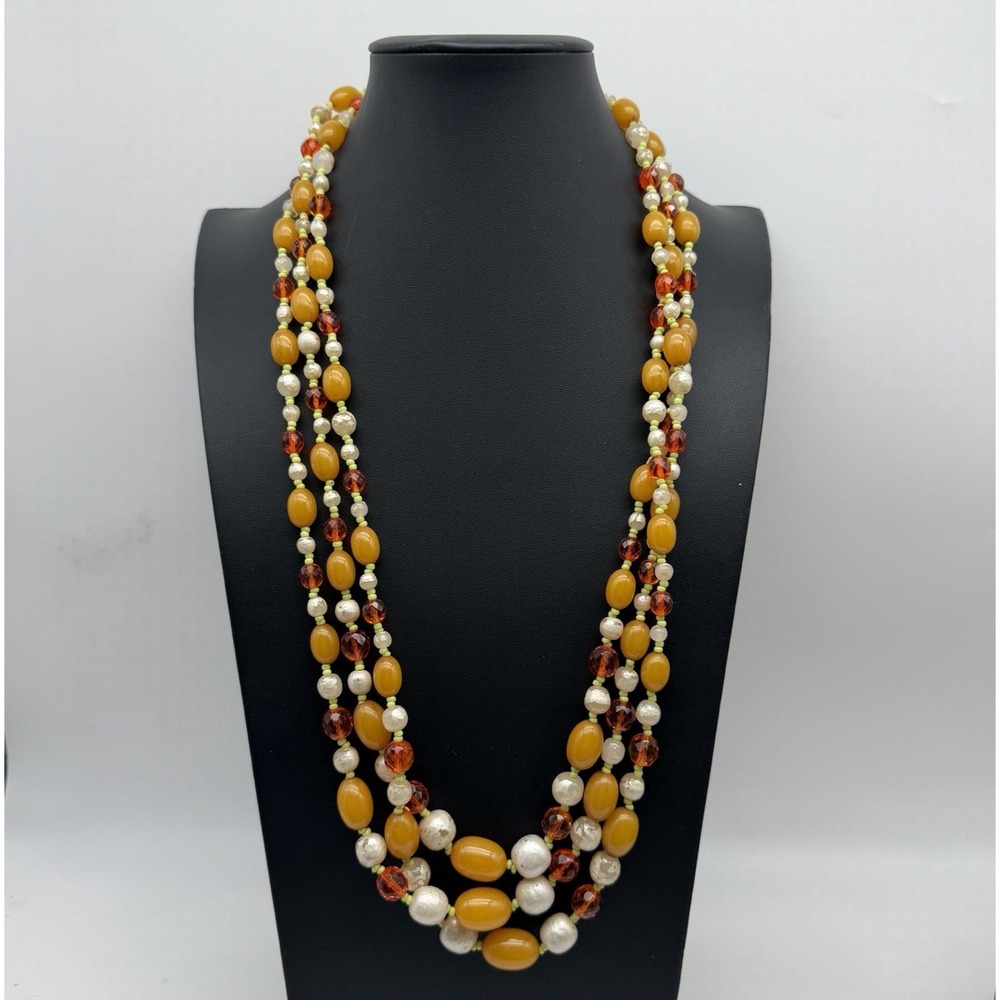 Miriam Haskell Necklace Bakelite Faux Pearl Orange Crystal Multi Strand READ